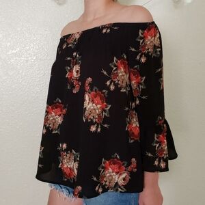 Black Red & Gold Floral Off The Shoulder Top